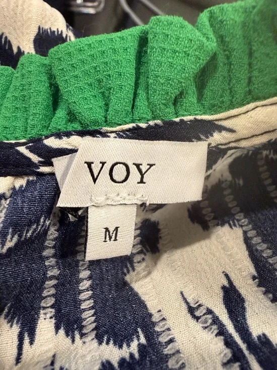 Voy Coastal Navy White Green Patterned Top with Ruffle Trim Short Sleeves Sz M - Picture 5 of 8